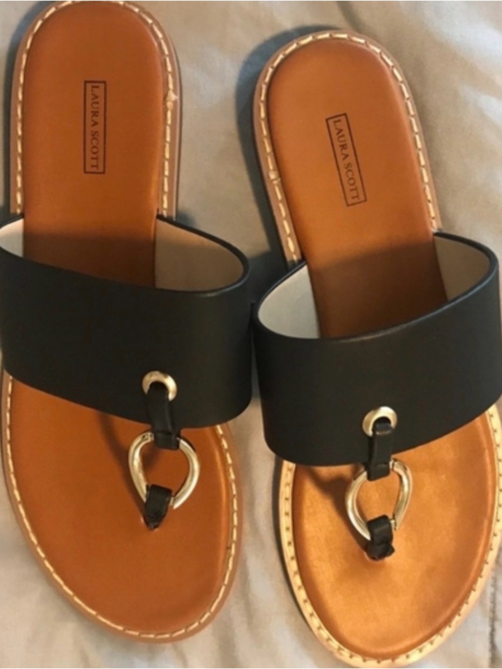 Laura Scott Black Slide Sandals with Gold Ring Accent